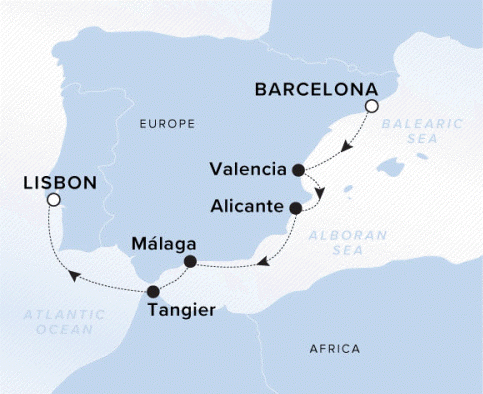 Map of the Ritz-Carlton Evrima itinerary, Barcelona to Lisbon, Portugal