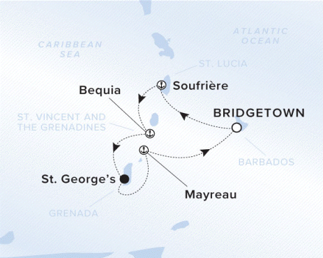 The Ritz-Carlton Evrima A map showing the Atlantic Ocean and Caribbean Sea. A line shows the voyage route from Bridgetown to Soufrièree, Bequia, St. George's, Mayreau and Bridgetown.