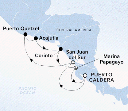 The Ritz-Carlton Evrima A map of the Pacific Ocean with a line indicating the yacht's journey from Puerto Caldera to San Juan del Sur to Puerto Quetzel to Acajutla to Corinto to Marina Papagayo back to Puerto Caldera.