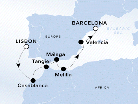 The Ritz-Carlton Evrima A map showing Europe, Africa and the Balearic Sea. A line shows the voyage route from Lisbon to Casablanca, Tangier, Málaga, Melilla, Valencia and Barcelona.