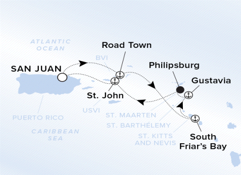 Map of the Ritz-Carlton Evrima itinerary, Roundtrip January 3 2025 - 7 Days