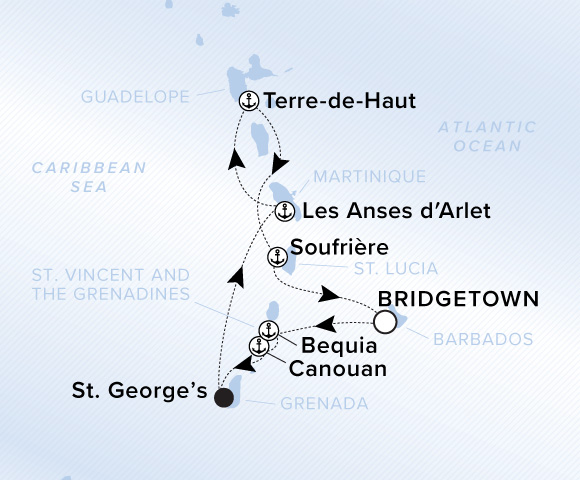 Map of Evrima Voyage 11260104 from Bridgetown to Les Anses-d'Arlet, visiting Bequia, Canouan, St. George's, Soufrière, Terre-De-Haut (Marina Day)