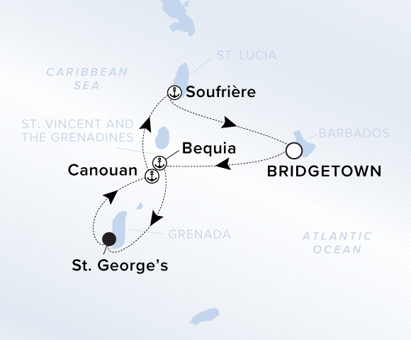 Map of Evrima Voyage 11260111 from Bridgetown to Soufrière, visiting Bequia, St. George's, Canouan
