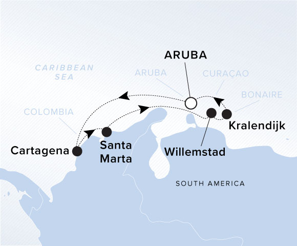 Map of Evrima Voyage 11260124 from Aruba to Kralendijk, visiting Cartagena, Santa Marta, Willemstad