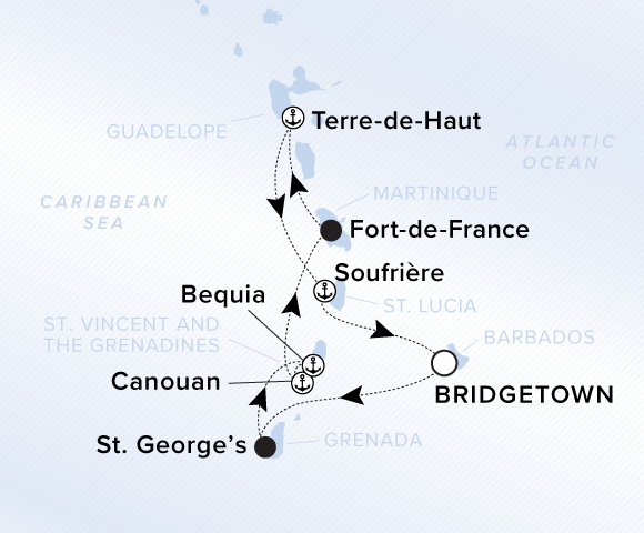 Map of Evrima Voyage 11260208 from Bridgetown to Soufrière, visiting St. George's, Bequia, Canouan, Fort-de-France, Terre-De-Haut (Marina Day)