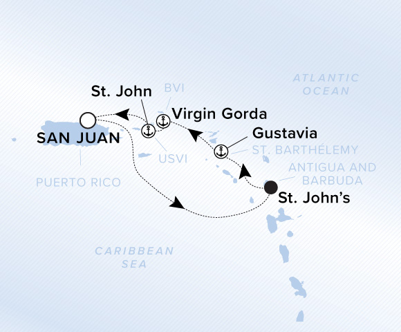 Map of Evrima Voyage 11260302 from San Juan to St. John, visiting St. John's, Antigua, Gustavia, Virgin Gorda