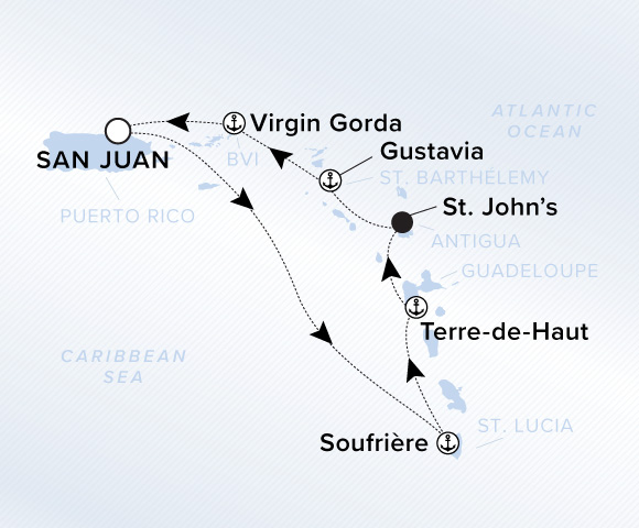 Map of Evrima Voyage 11260328 from San Juan to Virgin Gorda, visiting Soufrière, Terre-De-Haut (Marina Day), St. John's, Antigua, Gustavia