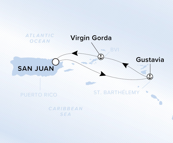 Map of Evrima Voyage 11260408 from San Juan to Virgin Gorda, visiting Gustavia