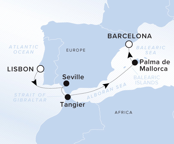 Map of Evrima Voyage 11260423 from Lisbon to Barcelona, visiting Seville, Tangier, Palma de Mallorca, Mallorca, Balearic Islands