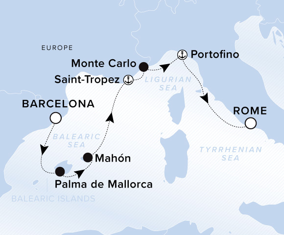 Map of Evrima Voyage 11260430 from Barcelona to Rome (Civitavecchia), visiting Palma de Mallorca, Mallorca, Balearic Islands, Mahón, Menorca, Balearic Islands, Saint-Tropez, Monte Carlo, Portofino