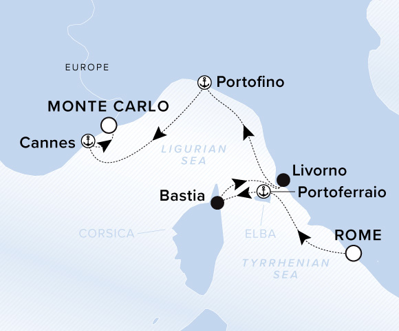 Map of Evrima Voyage 11260506 from Rome (Civitavecchia) to Monte Carlo, visiting Portoferraio, Elba, Bastia, Corsica, Livorno, Portofino, Cannes