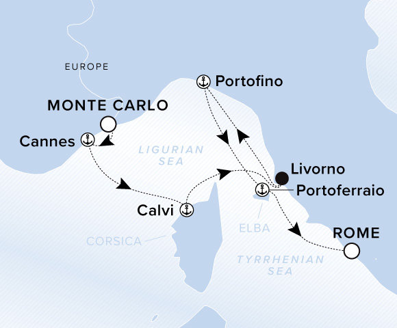 Map of Evrima Voyage 11260513 from Monte Carlo to Rome (Civitavecchia), visiting Cannes, Calvi, Corsica, Livorno, Portofino, Portoferraio, Elba