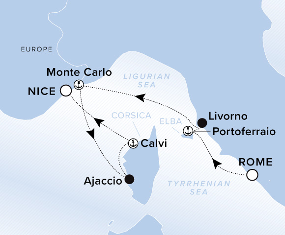 Map of Evrima Voyage 11260520 from Rome (Civitavecchia) to Nice, visiting Portoferraio, Elba, Livorno, Monte Carlo, Ajaccio, Corsica, Calvi, Corsica