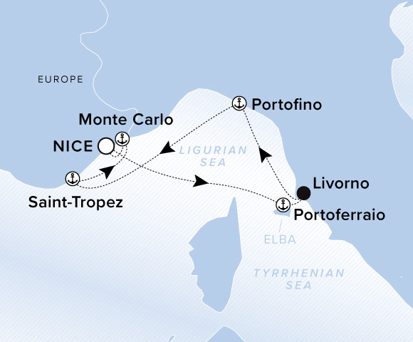 Map of Evrima Voyage 11260527 from Nice to Monte Carlo, visiting Portoferraio, Elba, Livorno, Portofino, Saint-Tropez