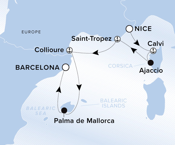 Map of Evrima Voyage 11260608 from Nice to Barcelona (Tarragona), visiting Calvi, Corsica, Ajaccio, Corsica, Saint-Tropez, Collioure, Palma de Mallorca, Mallorca, Balearic Islands