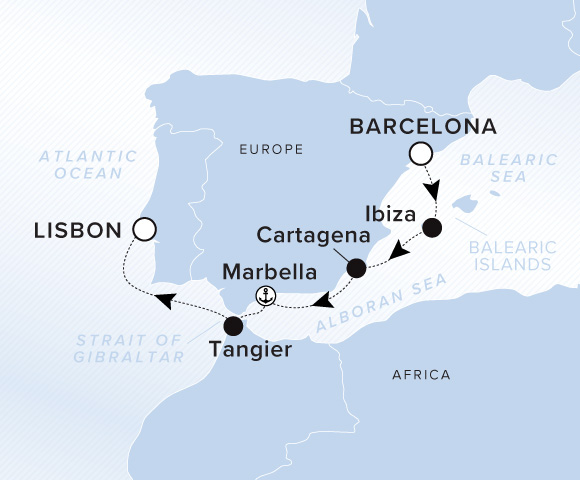 Map of Evrima Voyage 11260614 from Barcelona (Tarragona) to Lisbon, visiting Ibiza, Balearic Islands, Cartagena, Marbella, Tangier