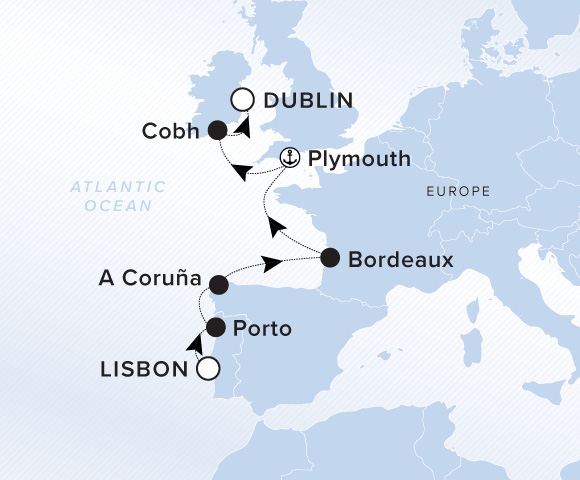Map of Evrima Voyage 11260620 from Lisbon to Dublin, visiting Porto, A Coruña, Bordeaux, Plymouth, England, Cobh