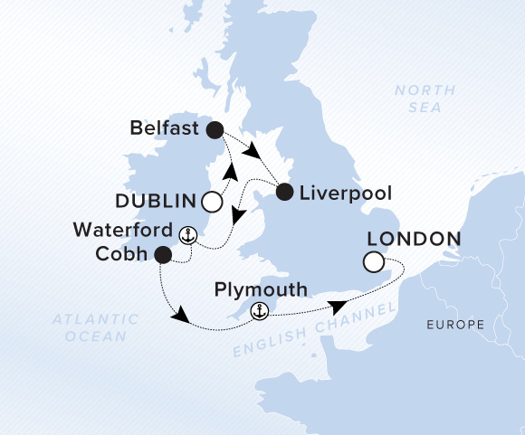 Map of Evrima Voyage 11260629 from Dublin to London (Greenwich), England, visiting Belfast, Northern Ireland, Liverpool, England, Waterford, Cobh, Plymouth, England