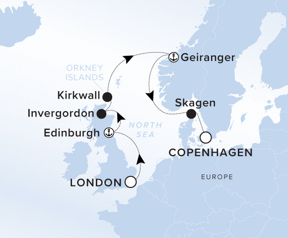 Map of Evrima Voyage 11260706 from London (Greenwich), England to Copenhagen, visiting Edinburgh, Scotland, Invergordon, Scotland, Kirkwall, Scotland, Geiranger, Skagen