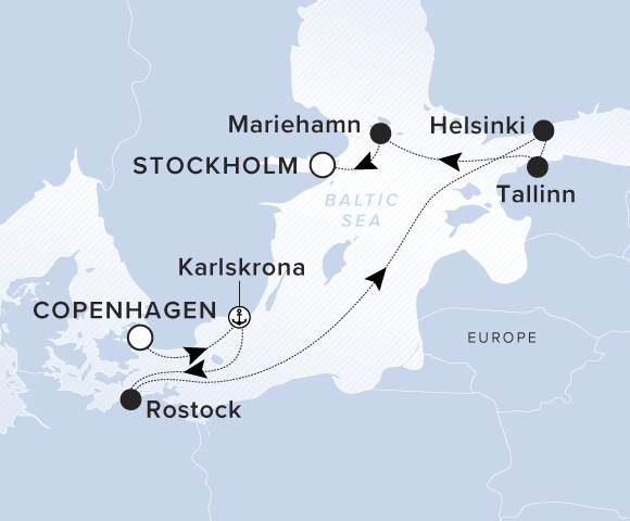 Map of Evrima Voyage 11260716 from Copenhagen to Stockholm, visiting Karlskrona, Rostock (Warnemünde), Helsinki, Tallinn, Mariehamn, Åland Islands
