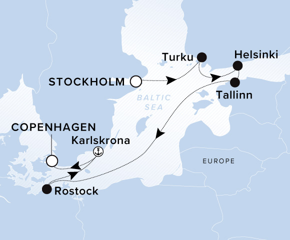 Map of Evrima Voyage 11260723 from Stockholm to Copenhagen, visiting Turku, Helsinki, Tallinn, Rostock (Warnemünde), Karlskrona