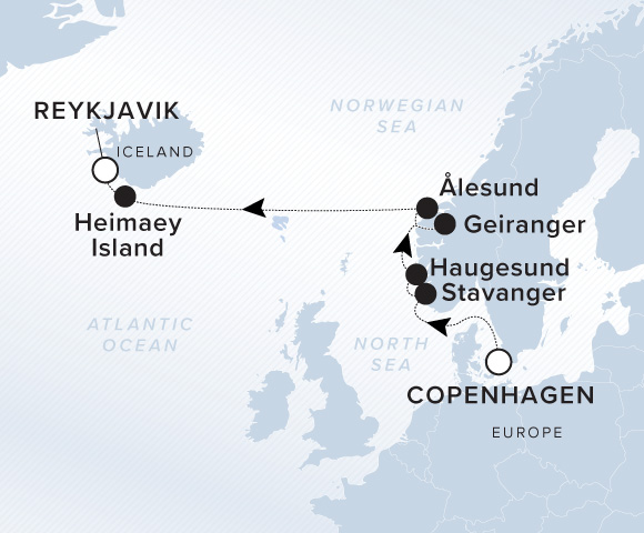 Map of Evrima Voyage 11260730, Copenhagen to Reykjavik (Hafnarfjordur)