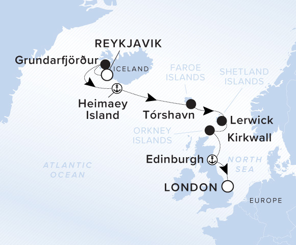 Map of Evrima Voyage 11260818, Reykjavik to London (Greenwich), England