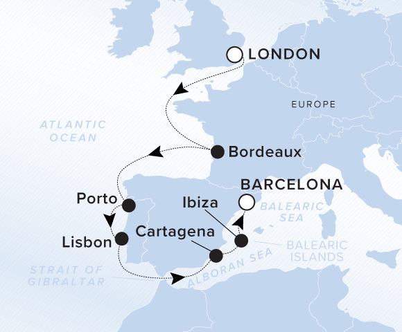 Map of Evrima Voyage 11260828, London (Greenwich), England to Barcelona
