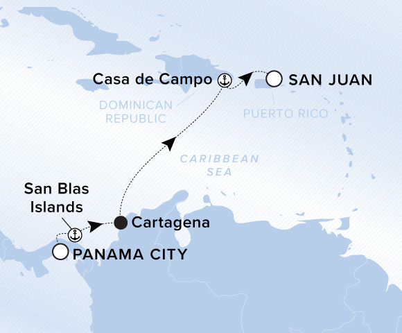 Map of Evrima Voyage 11270328, Panama City to San Juan