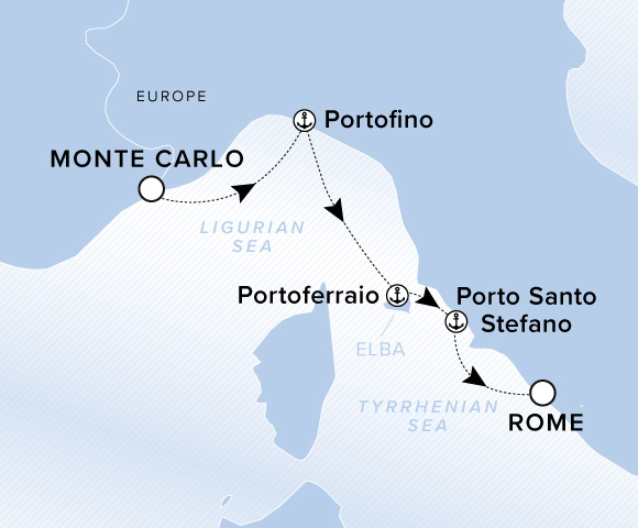 Map of Evrima Voyage 11270517, Monte Carlo to Rome (Civitavecchia)