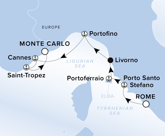 Map of Evrima Voyage 11270521, Rome (Civitavecchia) to Monte Carlo