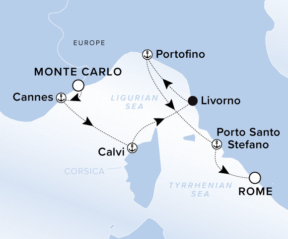 Map of Evrima Voyage 11270528, Monte Carlo to Rome (Civitavecchia)