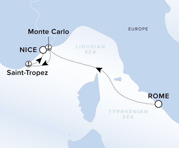 Itinerary map for Evrima, Voyage 11270603: Rome (Civitavecchia) to Monte Carlo to Saint-Tropez to Nice