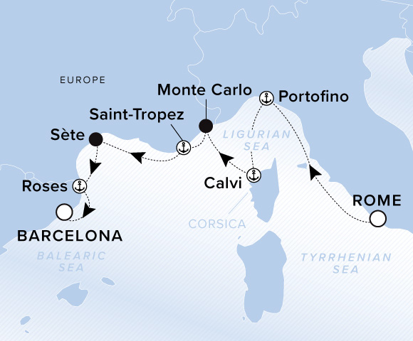 Map of Evrima Voyage 11270701, Rome (Civitavecchia) to Barcelona