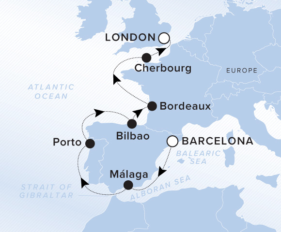 Map of Evrima Voyage 11270708, Barcelona to London (Tilbury)