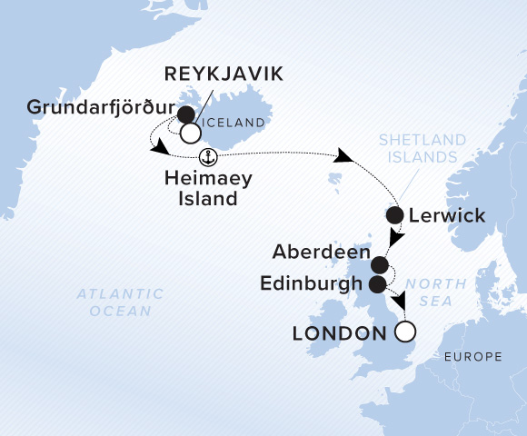 Map of Evrima Voyage 11270825, Reykjavik (Hafnarfjordur) to London (Tilbury)
