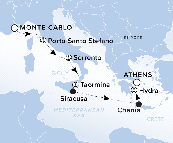 Map of Evrima Voyage 11270927, Monte Carlo to Athens (Piraeus)
