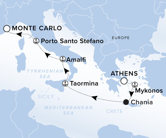 Map of Evrima Voyage 11271010, Athens (Piraeus) to Monte Carlo