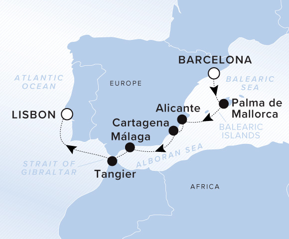 Map of Evrima Voyage 11271022, Barcelona (Tarragona) to Lisbon