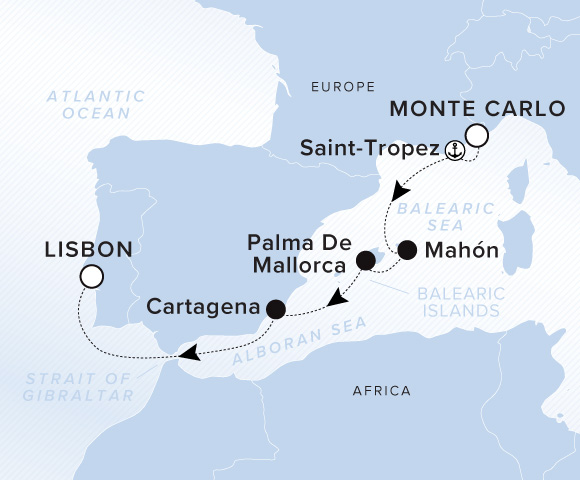 Itinerary map for Evrima, Voyage 11280627: Monte Carlo to Saint-Tropez to Mahon to Palma de Mallorca to Cartagena to Lisbon