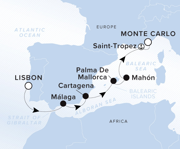 Itinerary map for Evrima, Voyage 11280909: Lisbon to Malaga to Cartagena to Palma de Mallorca to Mahon to Saint-Tropez to Monte Carlo