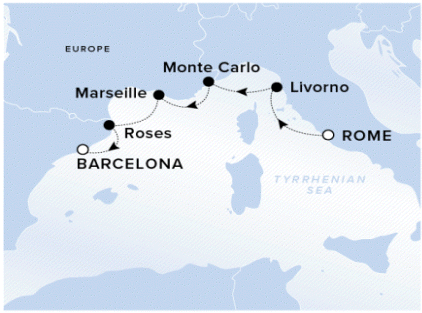 Ritz-Carlton Yacht Cruises 2024 Ilma A map with a line in the mediterrian starting in Rome, stopping in Livorno, Monte Carlo, Marseille, Roses, and ending in Barcelona.