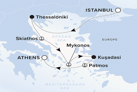 Ritz-Carlton Yacht Cruises 2025 Ilma Itinerary A map of the Aegean Sea with a line starting in Istanbul going to Thessaloniki, Skiathos, Mykonos, Kusadasi, Patmos and ending in Athens.