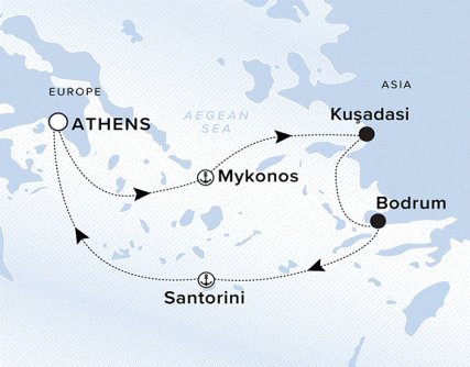 Ritz-Carlton Yacht Cruises 2025 Ilma Itinerary A map of the Aegean Sea and Greek Isles. A line starting in Athens going to Mykonos, Kusadasi, Bodrum, Santorini and ending back in Athens.