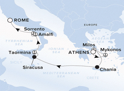 Ritz-Carlton Yacht Cruises 2025 Ilma Itinerary A map of the Mediterranean Sea with a line starting in Athens going to Mykonos, Milos, Chania, Siracusa, Taormina, Amalfi, Sorrento and ending in Rome.