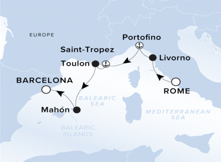 Ritz-Carlton Yacht Cruises 2025 Ilma Itinerary A map of the Balearic and Mediterranean Sea. A line starting in Rome going to Livrono, Portofino, Saint-Tropez, Toulon, Mahon and ending in Barcelona.