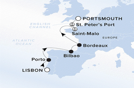 Ritz-Carlton Yacht Cruises 2025 Ilma Itinerary A map of Western Europe with a line starting in Lisbon going to Porto, Bilbao, Bordeaux, Saint-Malo, St. Peter's Port and ending in Portsmouth.