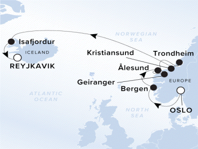 Ritz-Carlton Yacht Cruises 2025 Ilma Itinerary A map of Norway and Iceland. A line starting in Oslo going to Bergen, Alesund, Geiranger, Trondheim, Kristiansund, Isafjordur and ending in Reykjavik.