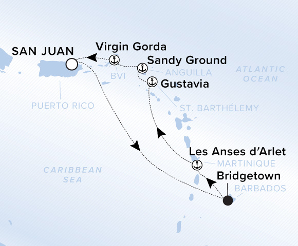 Map of Ilma Voyage 12260104 from San Juan to Virgin Gorda, visiting Bridgetown, Les Anses-d'Arlet, Gustavia, Sandy Ground