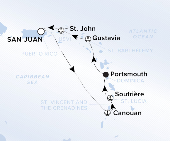 Map of Ilma Voyage 12260111 from San Juan to St. John, visiting Canouan, Soufrière, Portsmouth, Gustavia